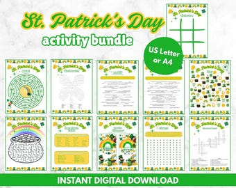 Paquete de actividades para niños del Día de San Patricio: juegos imprimibles, hojas de trabajo, sopas de letras, laberintos, "Veo veo", tres en raya, diversión para el aula y la familia.