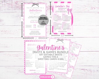 Paquete "Pretty in Pink" para el Día de Galentine / Juegos, invitaciones y tarjetas de felicitación editables para Galentine / Imprimibles para una fiesta de chicas