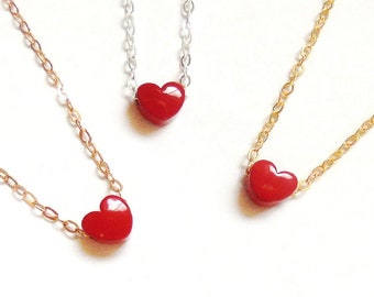 Tiny Red Heart Necklace. Gold Filled Chain, Sterling Silver Chain, Gift for Kids,Dainty Heart Jewelry, Flower Girl Gift, Valentines Day Gift