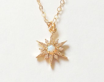 Gold North Star Opal Necklace/ Gold Filled/ Opal Necklace/ Star Necklace/ Dainty Necklace/ Gift for her/ Starburst Necklace/ Gold Necklace