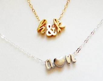 Initials Necklace Ampersand or Heart, Letter Necklace, Personalized Gift, Bridal Gift Initial Necklace Dainty Layering LOWERCASE