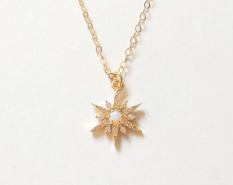 North Star Necklace, Opal Star Necklace, Dainty Opal Necklace, Celestial Jewelry, 18k Gold Filled Chain, Birthday Gift