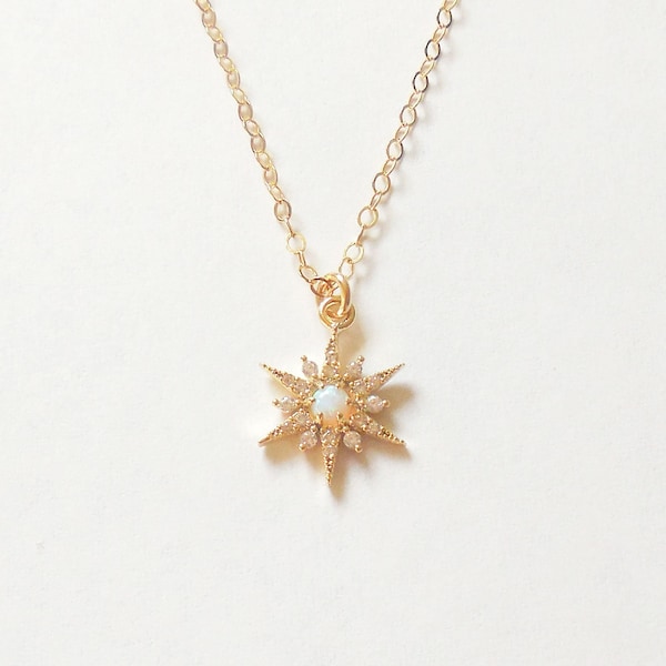 North Star Necklace, Opal Star Necklace, Dainty Opal Necklace, Celestial Jewelry, 18k Gold Filled Chain, Birthday Gift