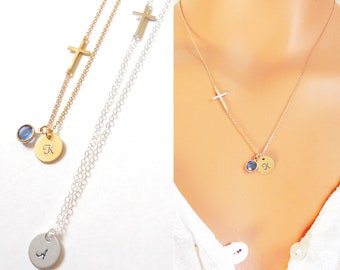 Cross Necklace,Sideways Cross Necklace, birthstone necklace, Gold Cross Necklace, Dainty Jewelry, Gifts For Her, Personalized Necklace