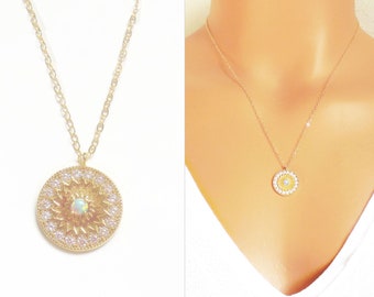 Opal necklace, dainty opal necklace, Celestial jewelry, gold filled chain Coin Necklace, Gold Medallion Opal Disc Necklace, birthday gift