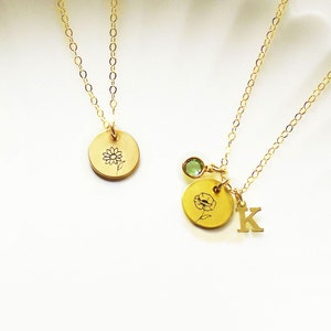 Tiny Birth Flower Necklace, Personalized Birth Flower Disc Necklace, Birth Flower Jewelry, Bridesmaids Gift, Month Initial Charm Necklace