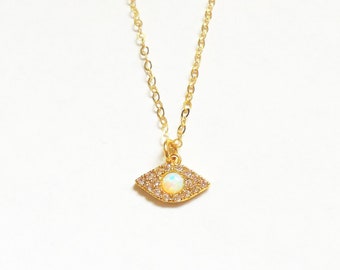 Delicate Gold opal evil eye Necklace 14k Gold Fill Chain, Opal Moon,Opal Sunburst,Sunburst,Coins Opal Necklace,Tiny Opal Dainty Opal