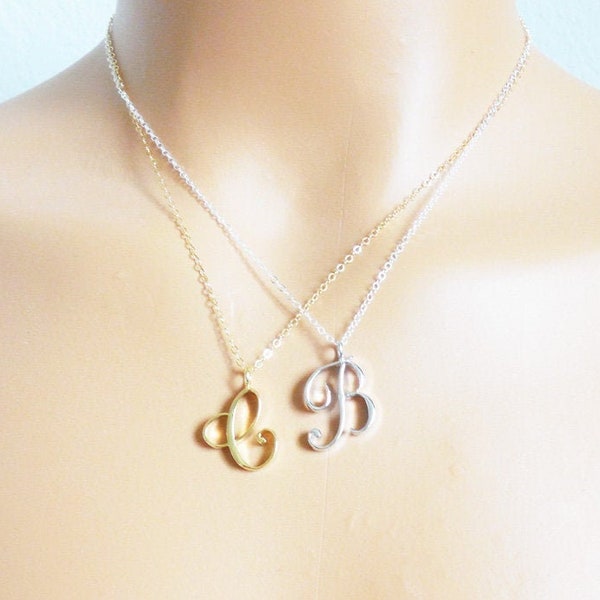 Capital Cursive Initial Necklace. Gold, Silver, Personalized, Bridesmaid gift,  Birthday gift, Script Letter Charm, Gift For Her