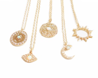 Delicate Gold Opal Necklace 14k Gold Fill Chain. Opal Moon. Opal sunburst. Opal Evil Eye, sunburst, Coins Opal Necklace, Birthday Gift