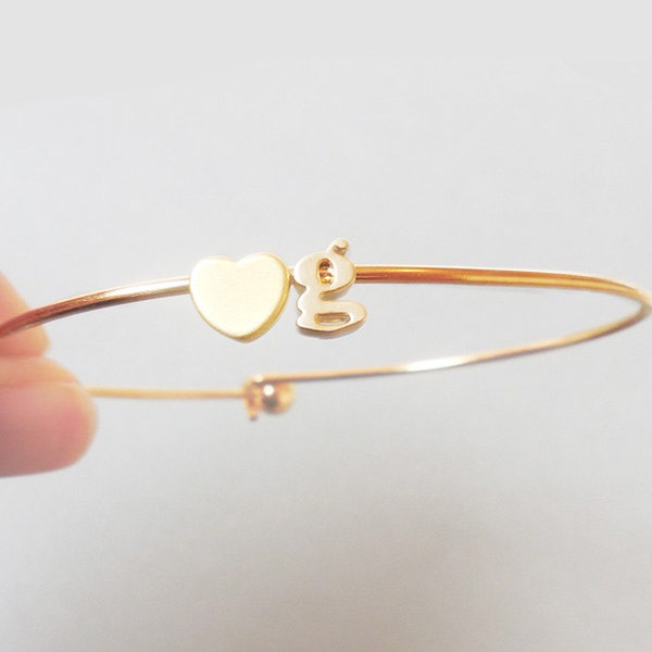 DOUBLE CHARM,LOVE Tiny gold Letter & heart Bangle Bracelet Lowercase - gold Initial.gold heart Valentines day