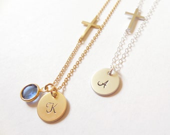 Sideways Cross initial birthstone Necklace,Custom Initial Cross Necklace, Dainty Cross, Personalized Sideways Cross Necklace Christmas gift