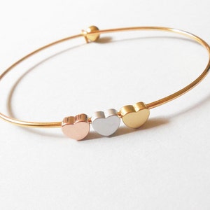 Heart Bangle. Three Color Heart  Gold Bracelet,t.3 Best Friends, Mom Of Twin. LOVE 3 Heart Bangle Bracelet Valentines day