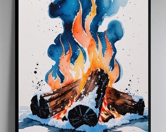 Watercolor Campfire Print: Snowy Firewood, Blue Flame (Digital Download)