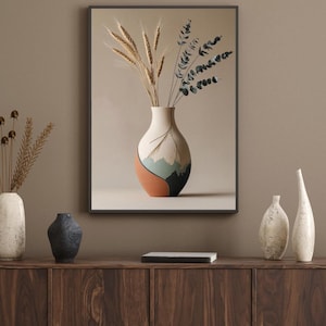 Arte de pared minimalista con jarrón para sala de estar, impresión artística de líneas japonesas, póster de jarrón de cerámica moderno bohemio, descarga digital neutra, arte de jarrón, jarrón de trigo