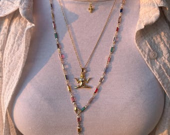 Rainbow Baguette Lariat Necklace Gold Plated Brass Y Necklace