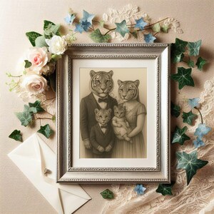 Ritratto di famiglia di tigri / Stampa artistica da parete con animali vintage / Download digitale di immagini antropomorfe per cameretta dei bambini nella giungla