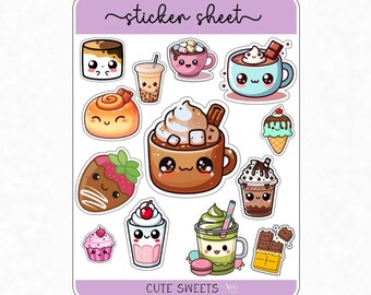 May include: A sticker sheet featuring cute illustrations of various sweets. The sheet includes images of hot chocolate, ice cream, cupcakes, and other desserts. The text "sticker sheet" is at the top, and "Cute Sweets" is at the bottom.