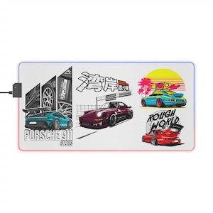 Porsche 911 Drift Racing, Tapis de souris gaming LED rétro JDM Car Collage, Lumineux
