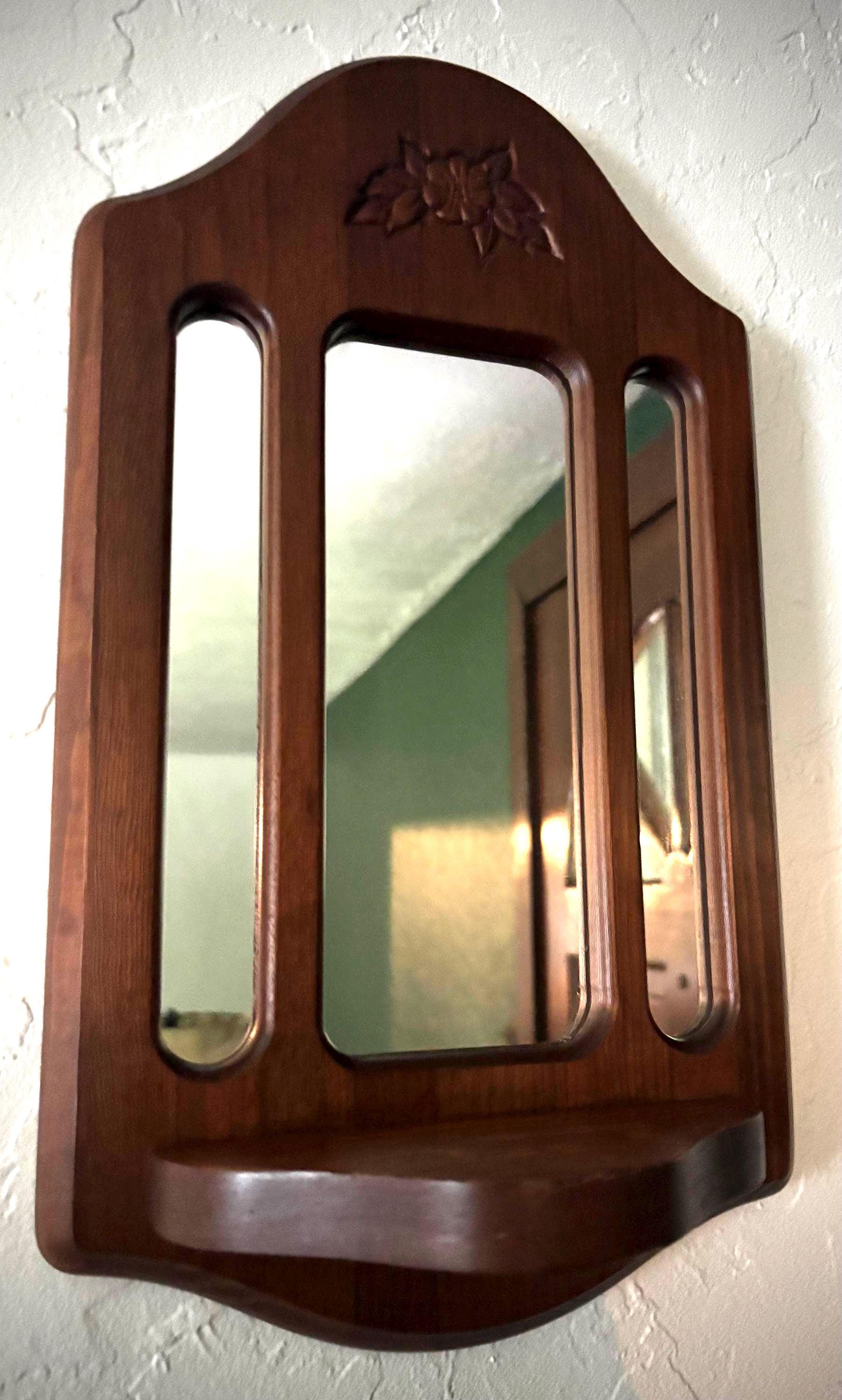 Vintage Wood Mirror Wall Hanging with Shelf and Carved Flower