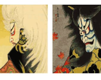 May include: Four Japanese Ukiyo-e prints featuring Kabuki actors. The prints showcase detailed facial expressions, vibrant colors, and traditional attire. Each print has a unique composition, with varying backgrounds and poses, reflecting the artistry of the Edo period.