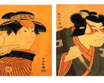 May include: A series of four vintage Japanese woodblock prints featuring stylized portraits of Kabuki actors. Each print showcases a different actor with distinct facial expressions and traditional attire, set against a warm, orange background.