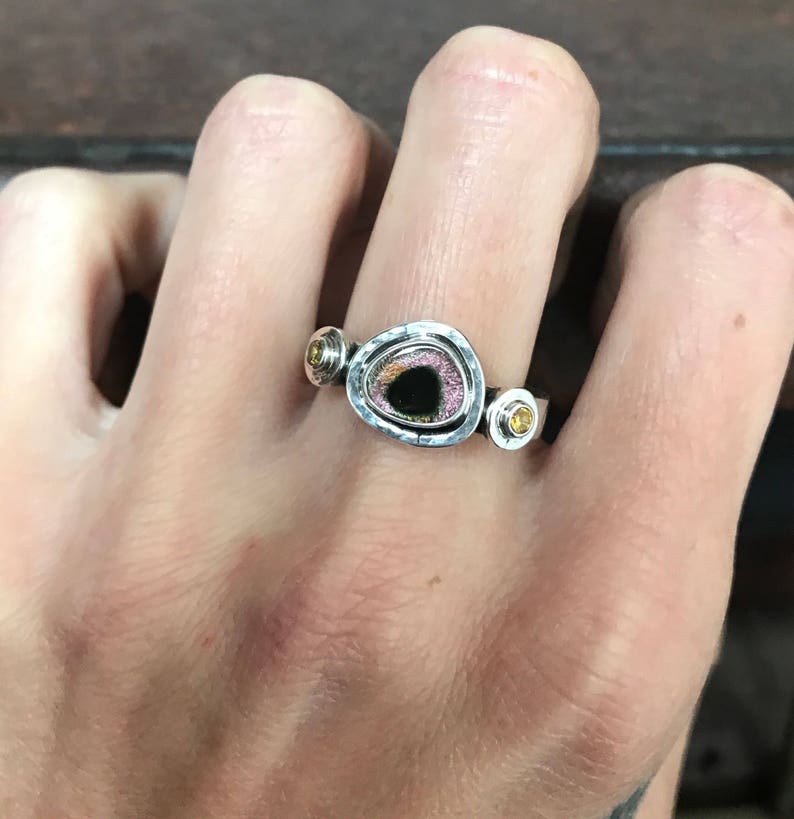 Watermelon Tourmaline Slice /& OrangeYellow Sapphire Ring Size 8 Tourmaline Ring