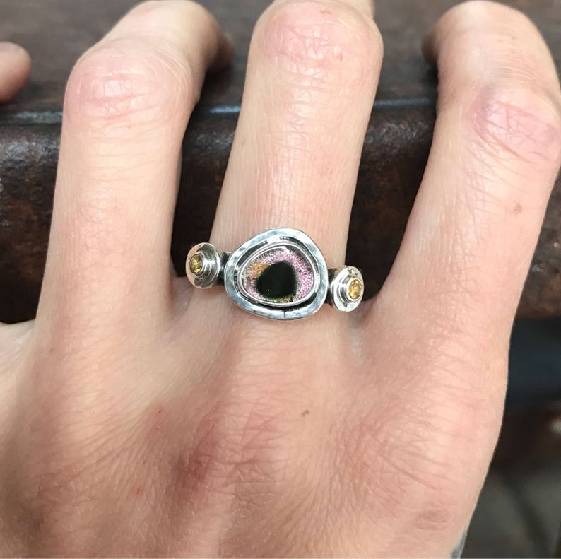 Watermelon Tourmaline Slice /& OrangeYellow Sapphire Ring Size 8 Tourmaline Ring