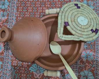 Handmade Moroccan Tagine Pot: Authentic Clay Cookware with Trivet & Spoon