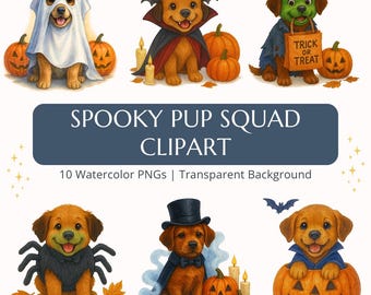 Spooky Pup Squad Clipart – Halloween Watercolor Dog PNGs (Digital Download)