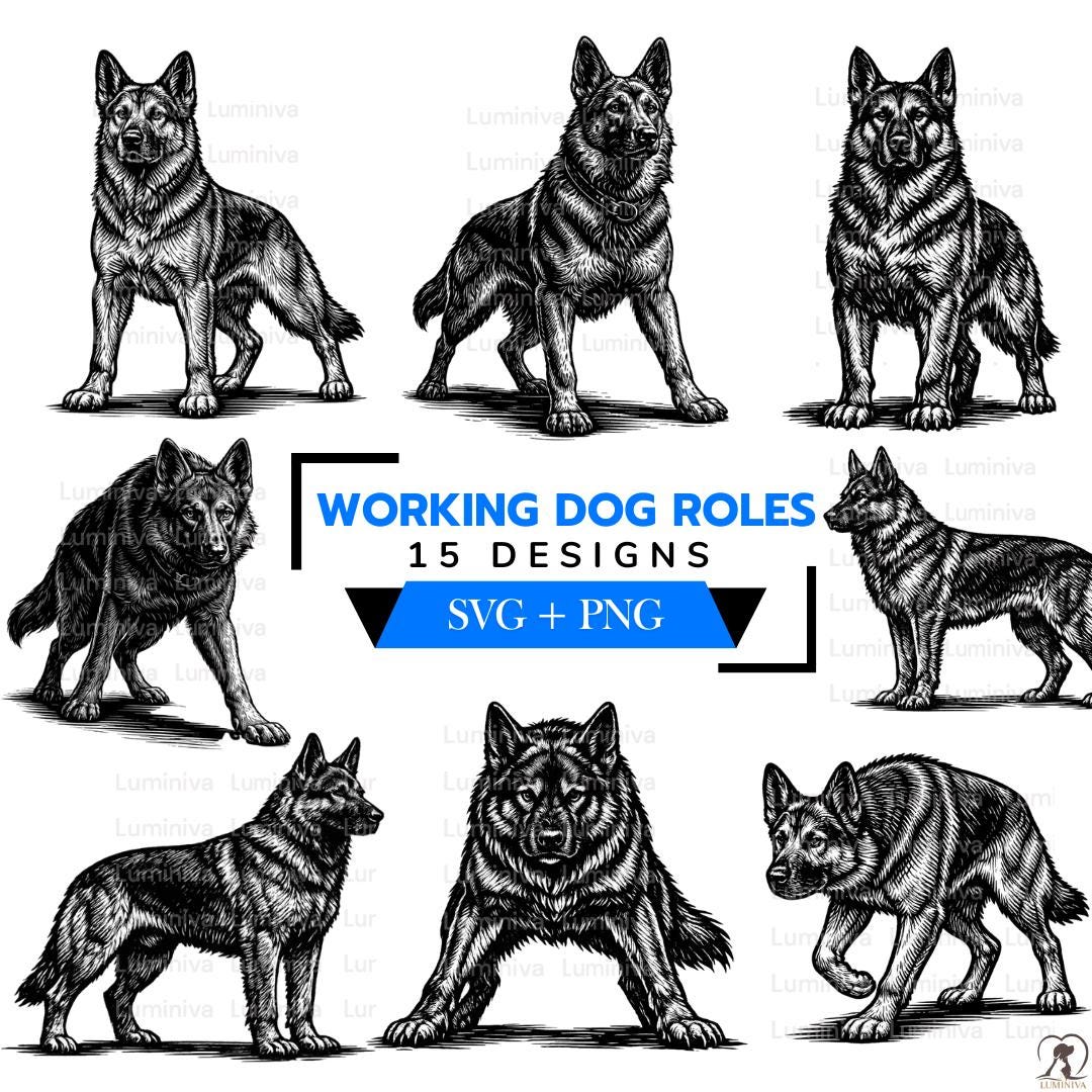 Working Dog Roles SVG PNG Bundle | 15 Engraved Guard Dog Designs - Etsy
