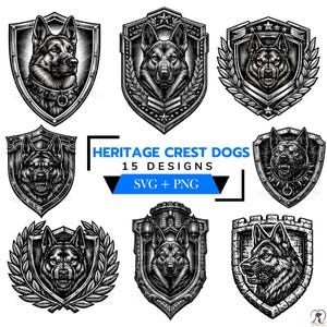 Op de afbeelding: Een verzameling van negen zwart-wit hondenwapenontwerpen. Elk wapen toont een gedetailleerde illustratie van een hond, zoals een Duitse herder, binnen een schild of embleem. De tekst "HERITAGE CREST DOGS" en "15 DESIGNS SVG + PNG" zijn ook opgenomen.