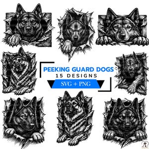 Könnte beinhalten: Eine Sammlung von Schwarz-Weiß-Grafikdesigns mit Deutschen Schäferhunden, die durch eine zerrissene Oberfläche brechen. Die Designs zeigen verschiedene Posen und Ausdrücke der Hunde, mit dem Text "PEEKING GUARD DOGS 15 DESIGNS SVG + PNG".