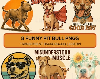 Funny Pit Bull Clipart PNG Bundle | Retro Dog Lover Designs (Digital Download)