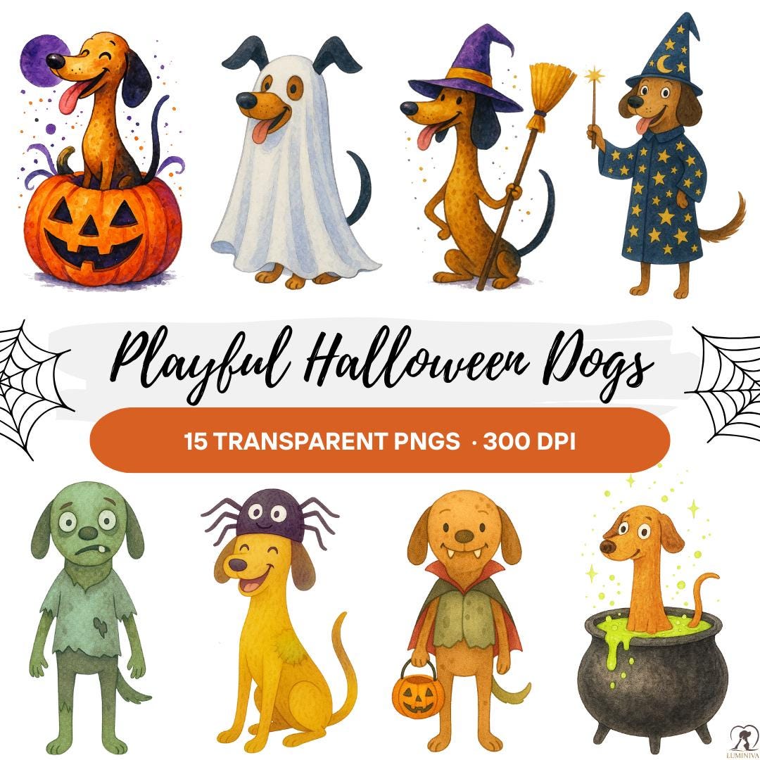 Quirky Halloween Dog Clipart Bundle – Whimsical Watercolor Puppies in ...