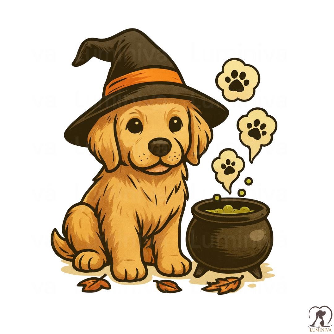 Halloween Witch Golden Retriever Clipart – Retro Puppy With Cauldron ...