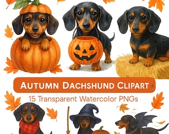 秋のダックスフントの子犬のクリップアート – 水彩ハロウィーンPNG（デジタルダウンロード）