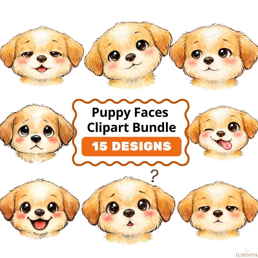 15 Puppy Emotional Faces Clipart PNG | Cartoon Dog Expressions - Etsy