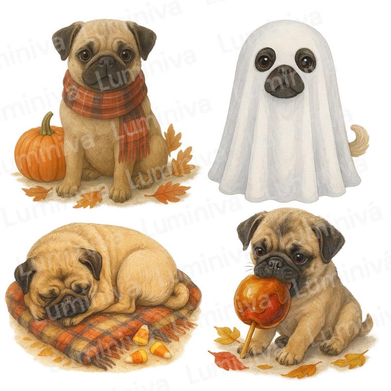 Pumpkin Pug Puppy Clipart – Watercolor Halloween Costumes (digital ...