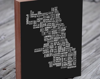 Chicago Neighborhoods - Chicago Neighborhood Map - Wood Block Art Print