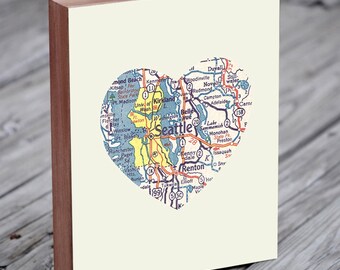 Seattle Art - Seattle Map - Seattle Washington Art City Heart Map - Wood Block Art Print