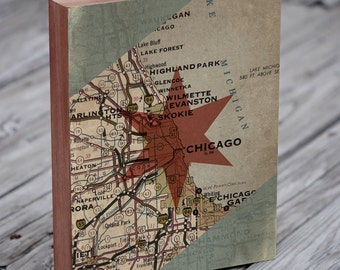 Chicago Karte Art - handgefertigte Holz-Block-Kunstdruck/Poster