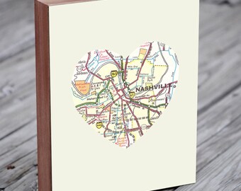 Nashville Art - Nashville Map - Nashville Tennessee Art City State Heart Map - Wood Block Art Print