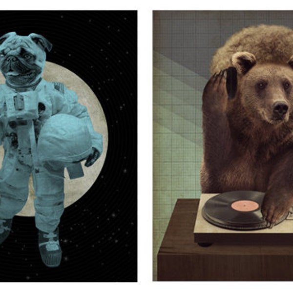 Astro Pug and Bear DJ 11x14 Prints