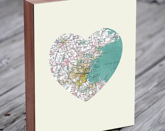 Boston Map - Boston Art - Boston Wall art - City Heart Map - Wood Block Art Print