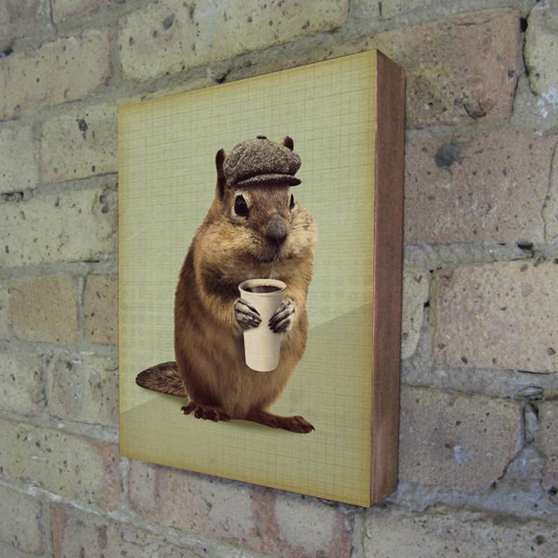 Coffee Art Print Chipmunk Art Squirrel Art Chipmunks Love Coffee Wood Block Art Print Coffee Art image 3