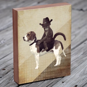Monkey in Cowboy Hat Riding a Beagle - Monkey Art - Monkey hat- Beagle Art - Wood Block Print