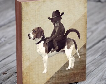 Monkey in Cowboy Hat Riding a Beagle - Monkey Art - Monkey hat- Beagle Art - Wood Block Print