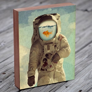 Astronaut Art Goldfish Art Collage Art Astronaut Print Wood Block Art Print image 2