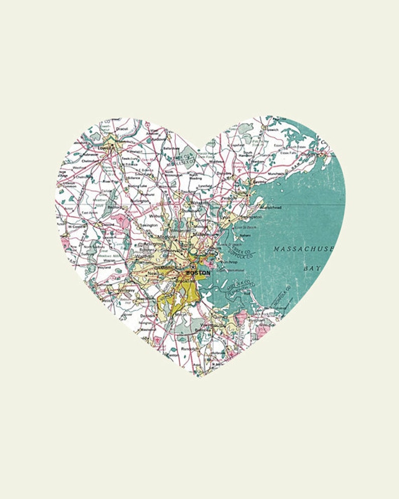 Boston Map Boston Art Boston Wall art City Heart Map Wood Block Art Print image 2