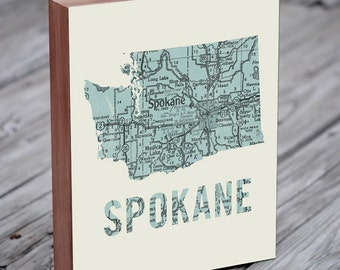 Spokane - Spokane Washington Art- Washington State Art - Washington State Map - Wood Block Wall Art Print